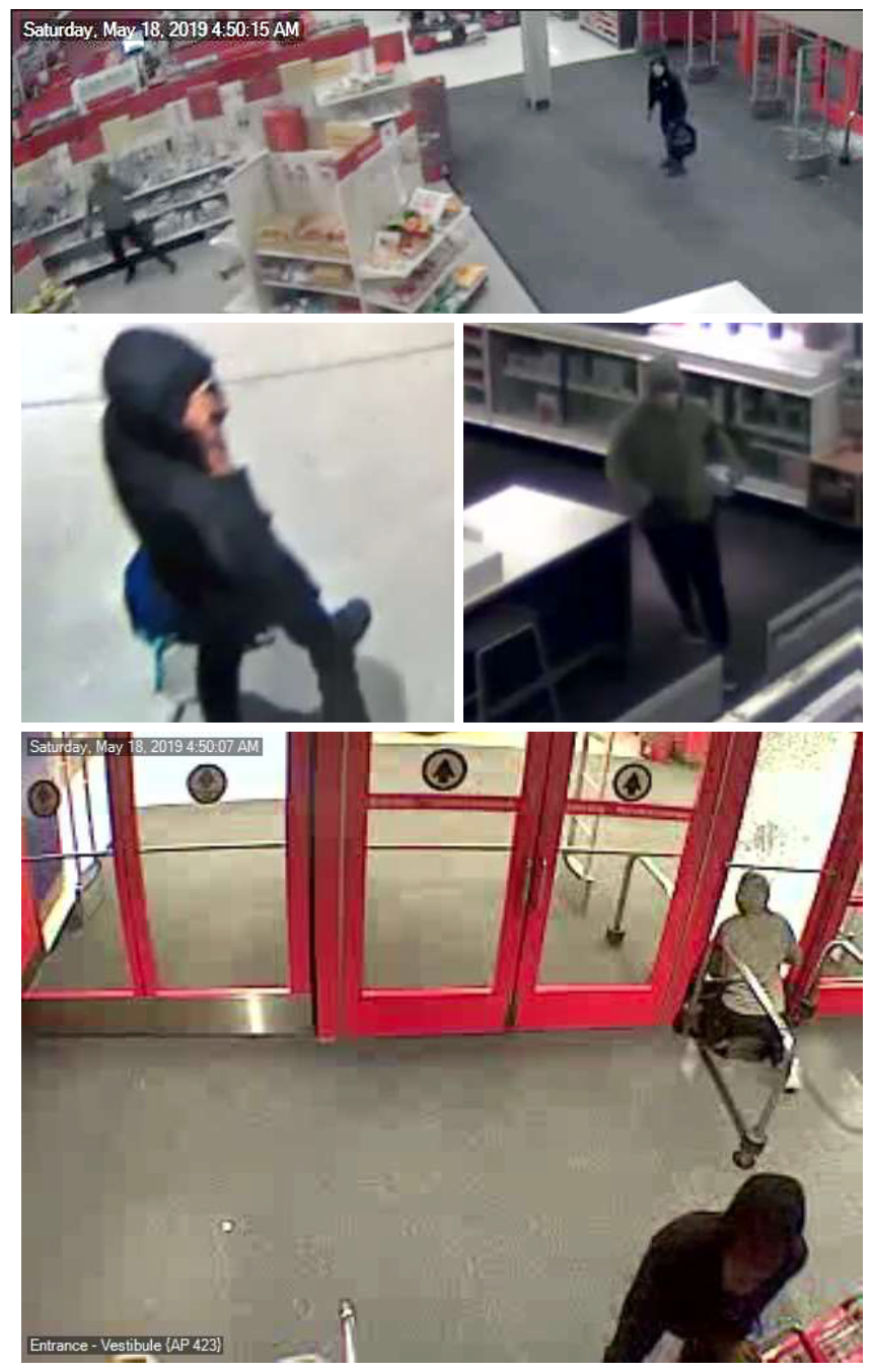 Four photos of burglars entering Target wearing dark clothing and a hoodies.